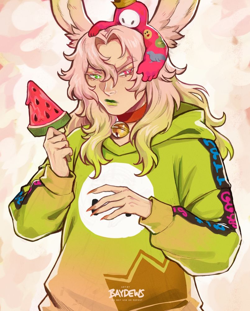 skeb style artwork of a pale viera with pink hair that fades into a lime green gradient. he has green and pink heterochromia, wears green lipstick and his outfit consists of a green dyed version of the hoodie top from the "fall guys" event. the small pink fall guy bean sits atop his head as he holds a melting watermelon popsicle, looking mildly annoyed