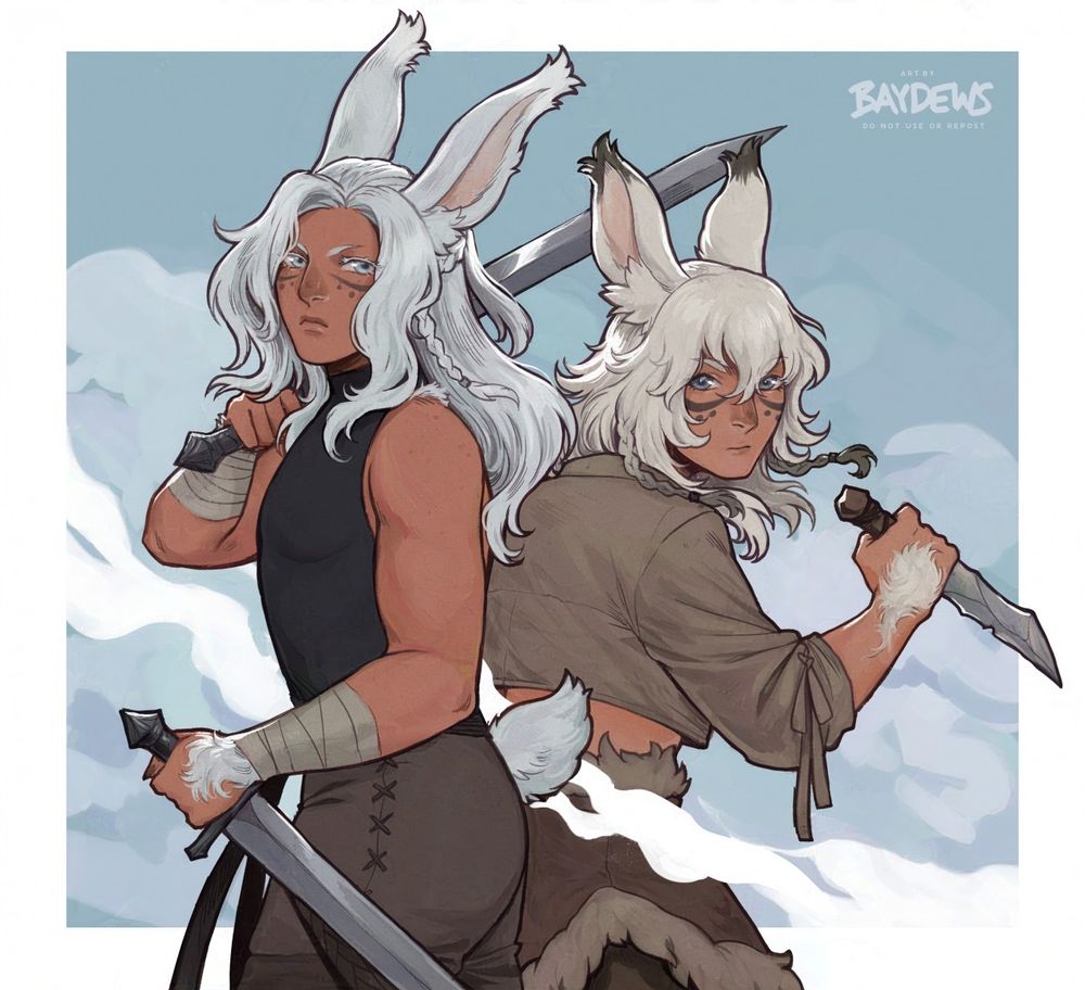 a pair of tan rabbit-like men with white hair, posing back to back with each other, one brandishing dual swords and the other a dagger
