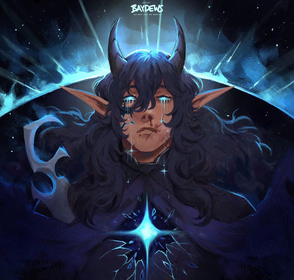 painting depicting a dragon in a tan humanoid visage with long, dark blue hair. he bleeds from his nose and various scars from his otherwise pristine face. he has glowing blue eyes that cry stars for tears and his chest is ripped open like shattered glass. behind him is a hail of stars forming a circle around a dark pitch of void.