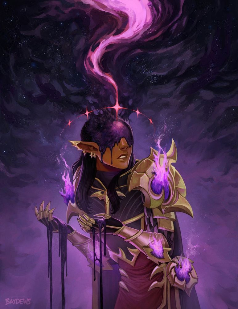 a dracthyr in red and black armor with golden trimmings and bright purple effects, in their humanoid visage against a deep purple and dark starry backgrop being symbolically corrupted by the galactic mass, viscous like paint, as it drips down their head, obscuring their eyes and dribbling from their hands as well