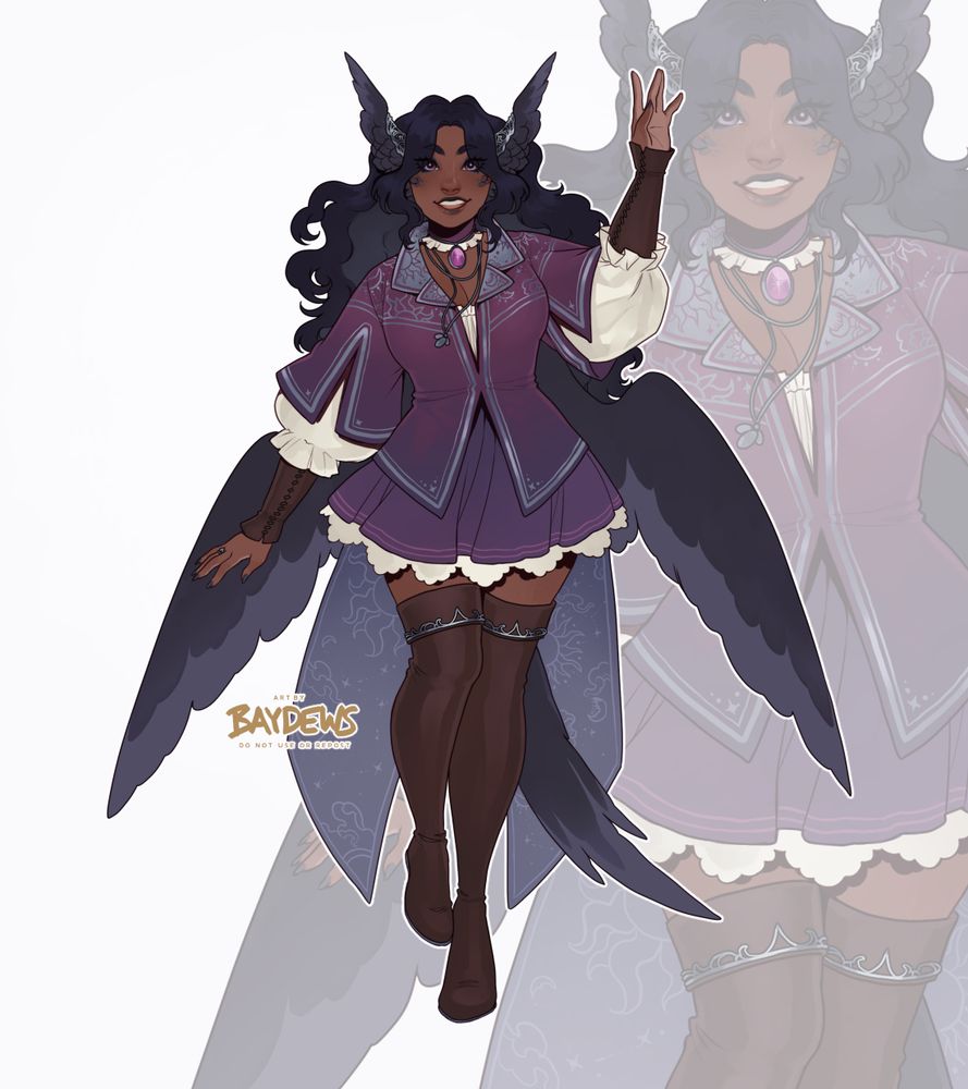 character design of a woman with dark blue wavy hair, brown skin, purple eyes and a purple attire adorned with silver jewelry and sun/moon/stars motifs. she has two pairs of wings, two at the side of her head and two coming from her back, and a long feathered bird-like tail.