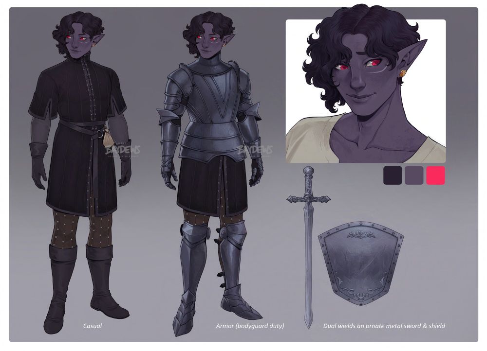 reference sheet of a drow called Beau, depicting him in his casual gambeson, padded leggings and boots, and in his most often worn armor. he has purple freckled skin, dark purple, nearly black hair, and bright magenta eyes. his ornate sword and shield he dual wields are depicted in the corner.