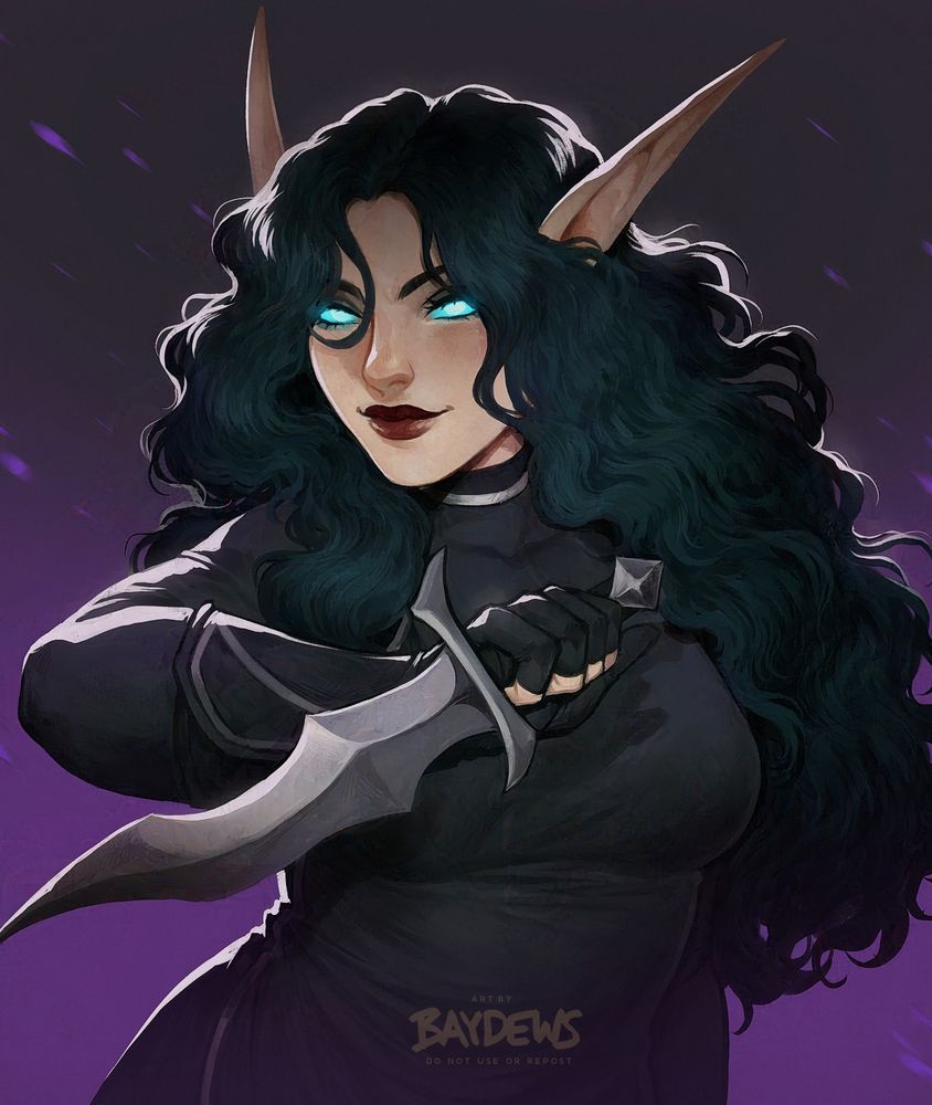 halfbody painting of a high elf called Aliviah. she has pale skin, bright glowing blue eyes and long black hair with a pine green tint. she is posed against a purple background, brandishing a dagger