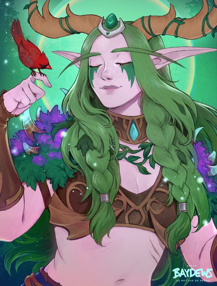skeb style artwork of a night elf with pale pink skin and long green hair. her eyes are closed, and she wears an assortment of brown leathers with verdant green and purple shoulder pads and long draped skirt over pants. her stag-like horns are coiled with vines and leaves sprout in her hair. a red cardinal perches on her outstretched finger.