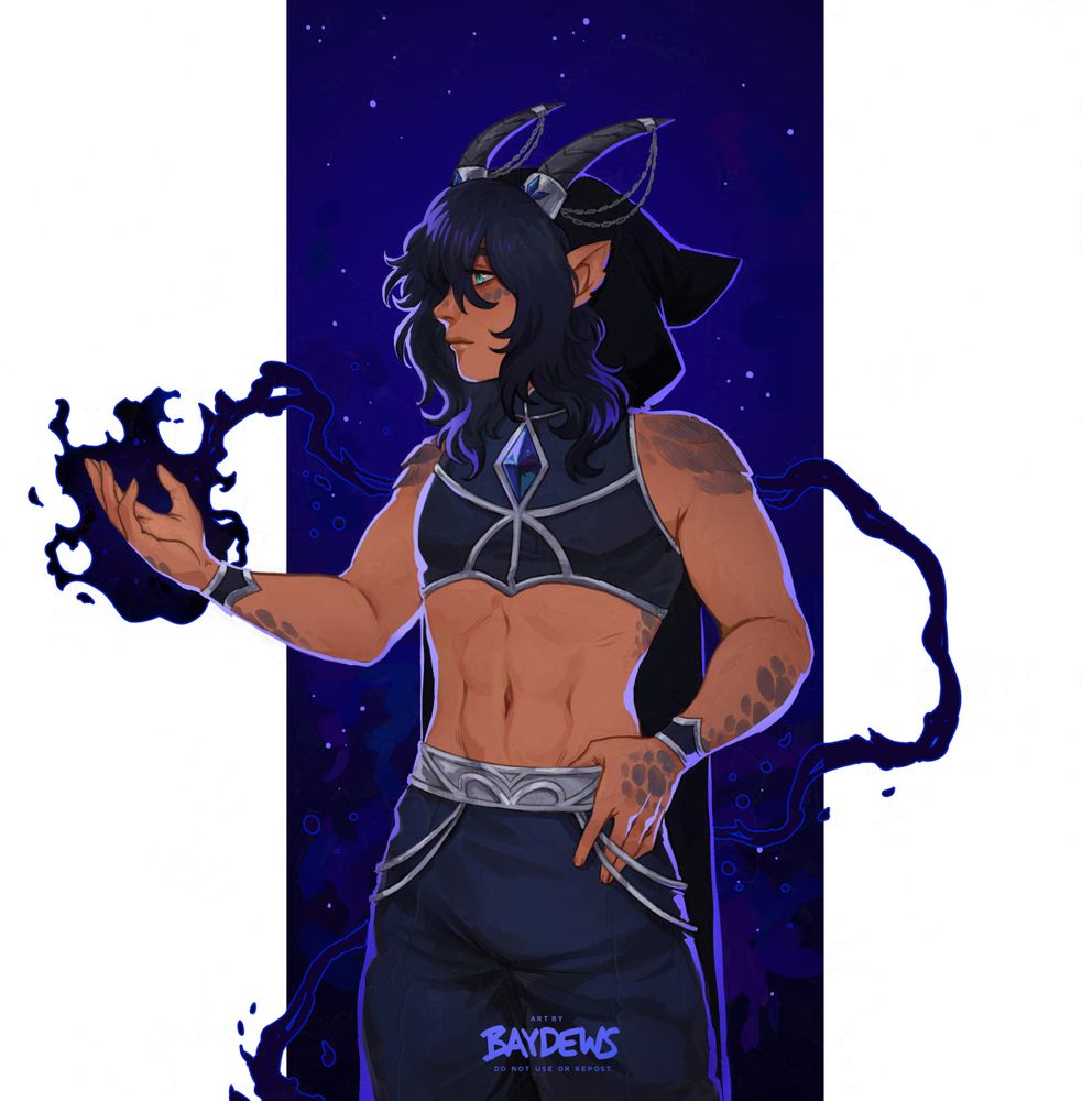 rough colored sketch of a blue dragon with tan skin and black hair in humanoid visage weaving a dark, void-like matter in his hand