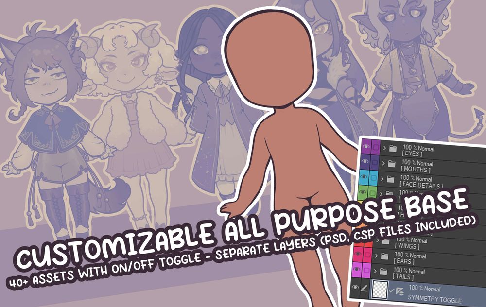 edited promotional banner for a customizable drawing base, listing 40+ extra assets to cusomize it with, as well as clip studio and photoshop files with a symmetry toggle for easy use