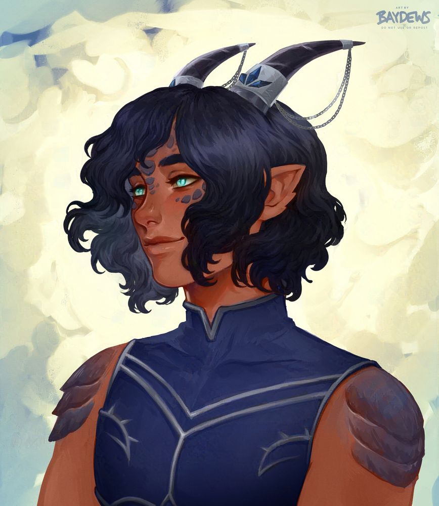 portrait of a dragon in dracthyr humanoid visage. he has tan skin, bright teal eyes with a slit pupil and wavy short black hair that moves in the wind as he looks off screen with a serene smile.