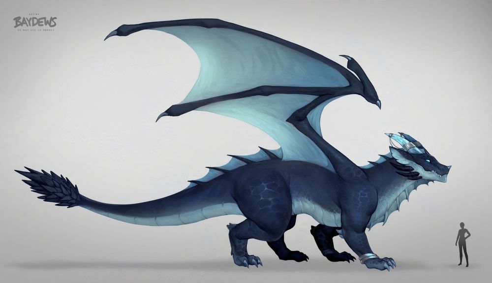 concept design of the dragon Erihgos. he is a medium-sized dragon with azure scales and lighter blue and teal coloring on his belly and the webbing that runs across his back and throat. he has bright teal blue eyes, a pair of sleek horns akin to crystals, three spikes that line his square jaw and an additional horn sitting atop of his snout.