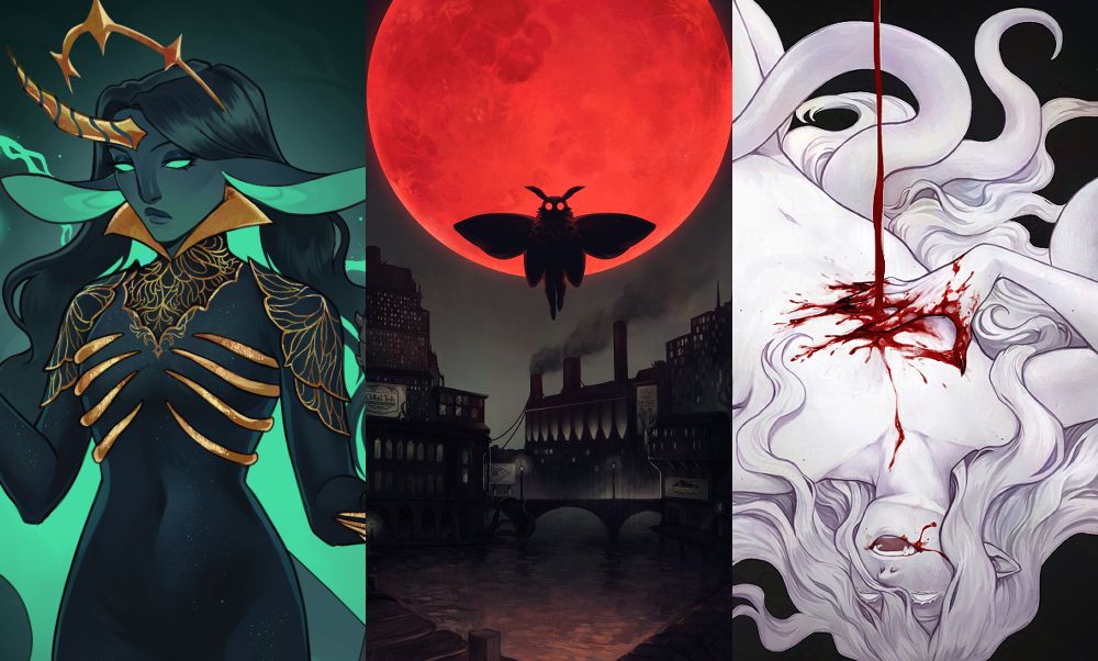 an assortment of three illustrations edited into one: the first is of a green, ligh-like being with glowing eyes and flowing long hair, wearing gold jewelry in the form of a golden halo and golden ribcage corset, the second is of mothman hovering over a dark city against a large blood moon, and the third is of a pale vampire monster laying back, blood smeared on his lips and chest.