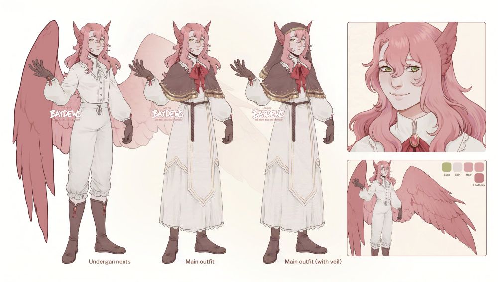 a reference/design sheet depicting a pale avariel elf with green eyes and pink hair. he has hair extending until the middle of his back and large pink wings on his back the same color feathering on his ears. on the first pose he wears white pantaloons, whirt, and brown leather gloves and boots, and on the next outfit he wears long white robes over the previous garments, complete with a short brown cape with gold trimmings.