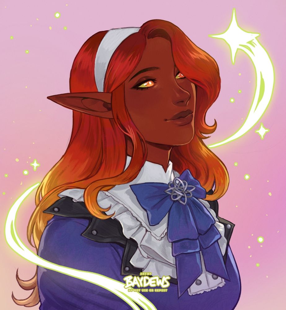 portrait of an elf with a warm, auburn palette wearing a blue and purple dress uniform with white frilly collar