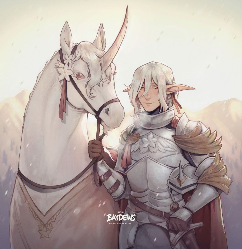 White haired eladrin in decorative knight plate armor, holding the reins of a white unicorn, standing against a pale, snowy landscape with a serene expression