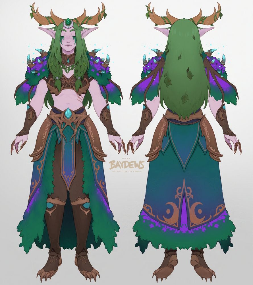 front and back view reference sheet of a night elf with pale pink skin and long green hair. her eyes are closed, and she wears an assortment of brown leathers with verdant green and purple shoulder pads and long draped skirt over pants. her stag-like horns are coiled with vines and leaves sprout in her hair. 