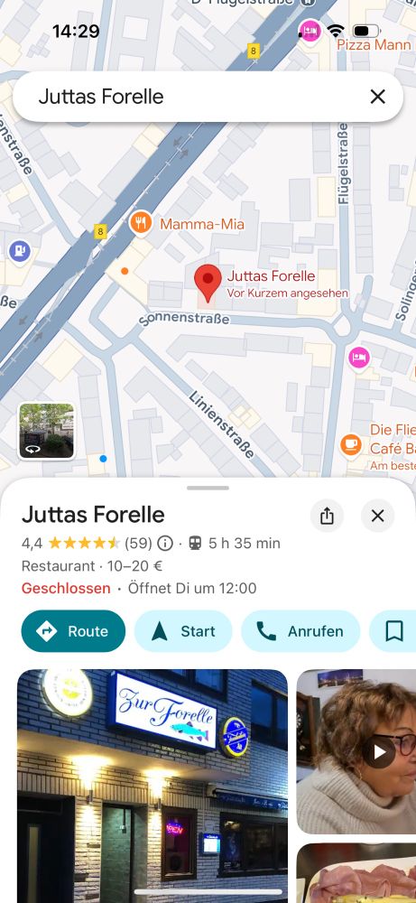 Screenshot vom Google-Maps-Eintrag zu Juttas Forelle. Restaurant in Düsseldorf, 4,4 Sternebewertung. 