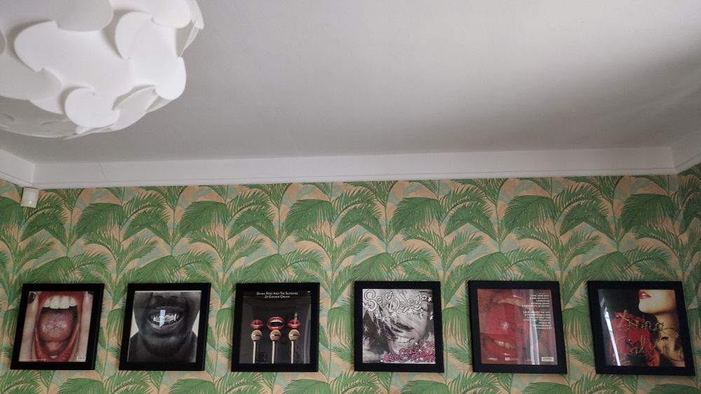Six records on a dining room wall. Each cover prominently features somebody's mouth. The records are by Olivia Rodrigo, Gravediggaz, Diana Ross And The Supremes, Kid Congo And The Pink Monkey Birds, The BellRays, and Anna Calvi.