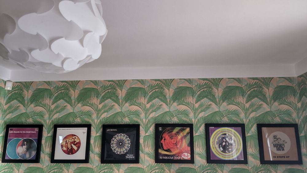 Six records on a dining room wall. Two of the records are by various artists. The others are by Manic Street Preachers, John Bramwell, The Fleshtones and Monkey Mafia.