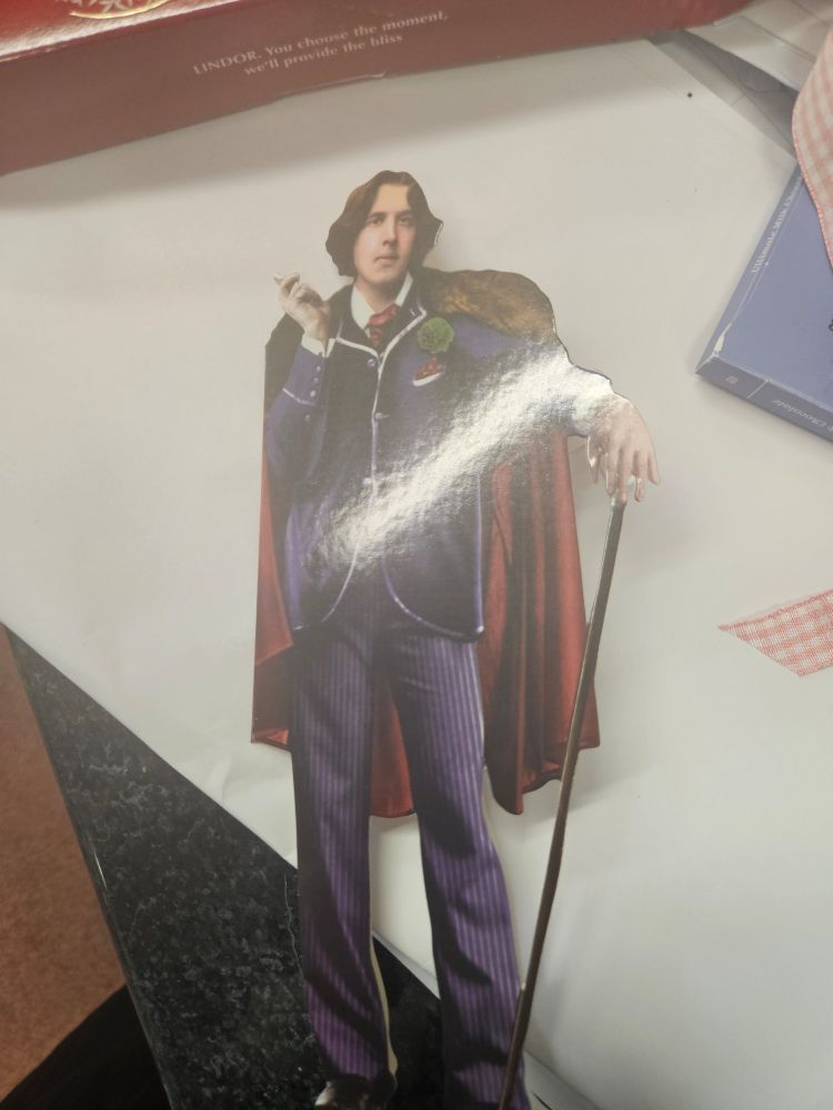 A card from a year 13 student. We studied The Importance of Being Earnest so it is a card of Oscar himself 