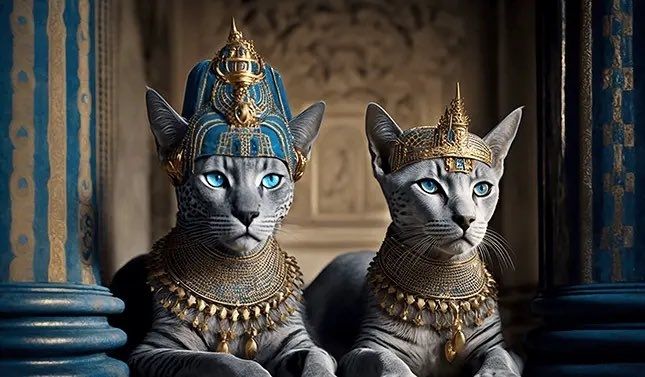 Digitally created image of haughty Egyptian cats in royal garb.