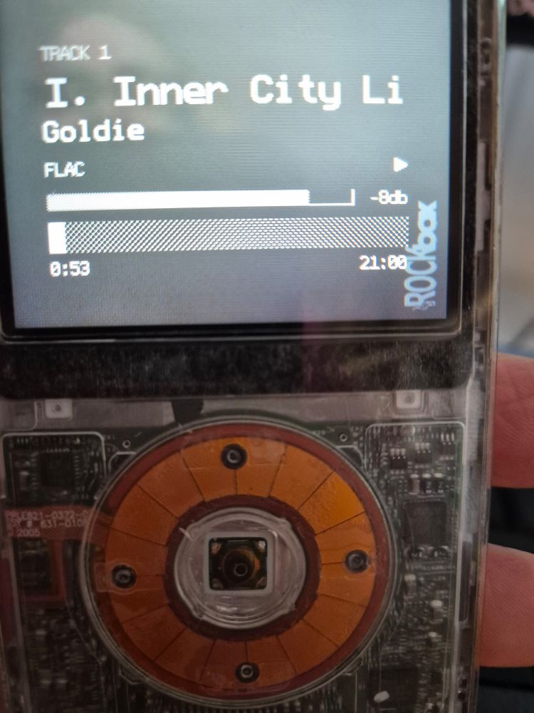 Goldie Inner City Life flac playing on modded transparent iPod 5 running Rockbox