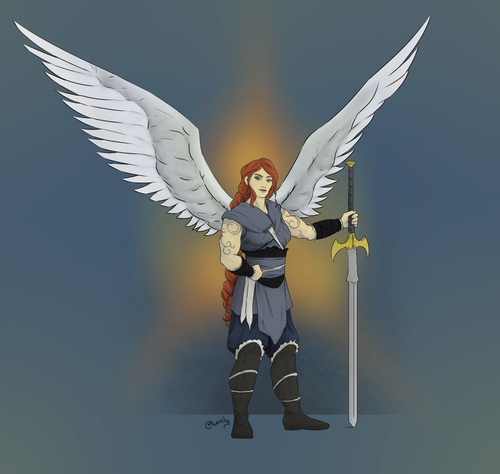 Character art of a red-haired woman with wings and a muscle build, leaning on a large sword. Art by @hurmly.bsky.social