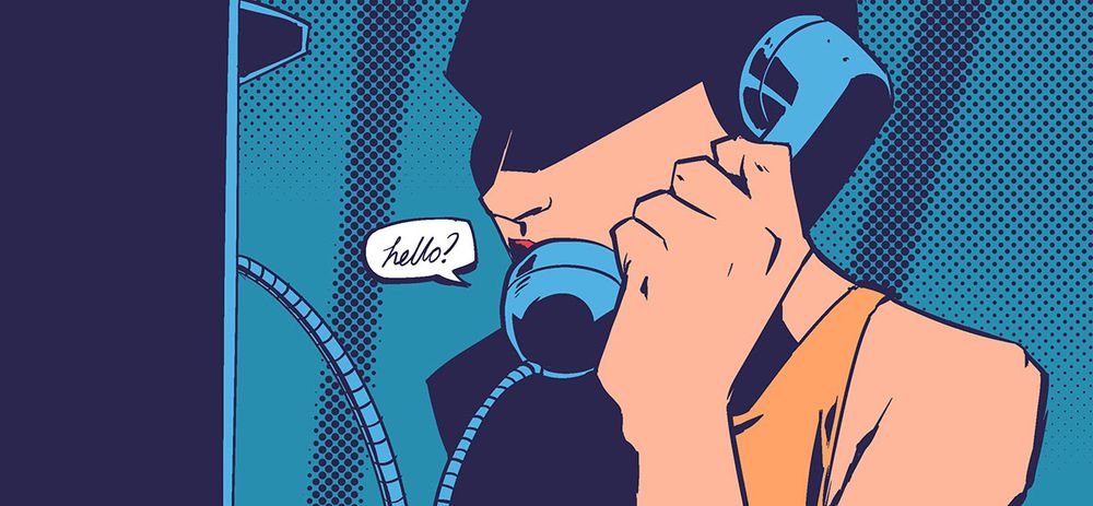 Woman covered in shadow using a payphone with a speech bubble saying "hello?"