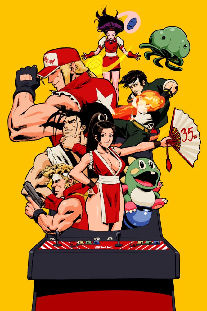 Characters bursting out of a Neo Geo MVS arcade machine. From top to bottom: Athena Asamiya, Mars People, Terry Bogard, Kyo Kusanagi, Haohmaru, Mai Shiranui, Bub and Marco Rossi