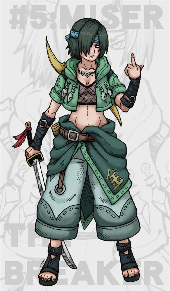 Miser from Soulcalibur III, redesigned with a street ninja aesthetic. She has an open cargo hoodie with kunai attached to it and a mesh top underneath that exposes her midriff, a blue headband, dark bandages on her forearms, baggy pants and sandles, and a waistcloth with the kanji for "gold" printed on it. She has a gold shuriken attached to her back and a katana in one hand, while the other is flipping you off. Even past her dark hair hanging over her blind eyes, it's clear she is staring at you with contempt.