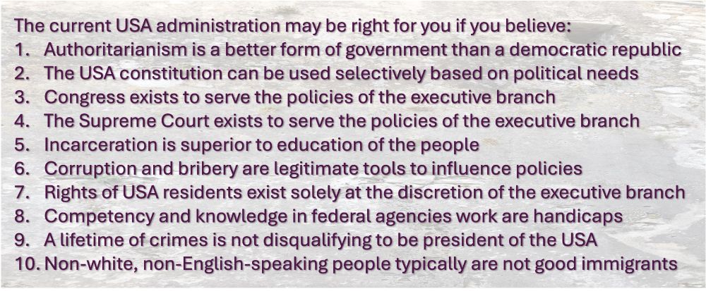 The current USA administration may be right for you if you believe these ten points.