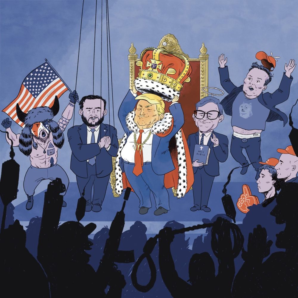 MAGA shaman, Vance, Mike Johnson and Musk on stage with a smug Trump crowning himself Napoleon style. Off stage, hungry supplicants Bezos and Zuckerberg look on amidst cheering MAGA crowd waving guns, tiki torches, and a noose