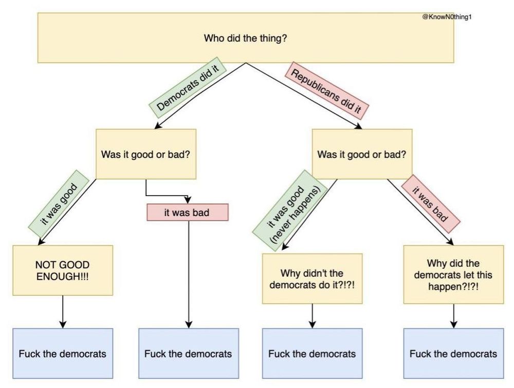 Flowchart showing Dems are always wrong, for every action done and not done.