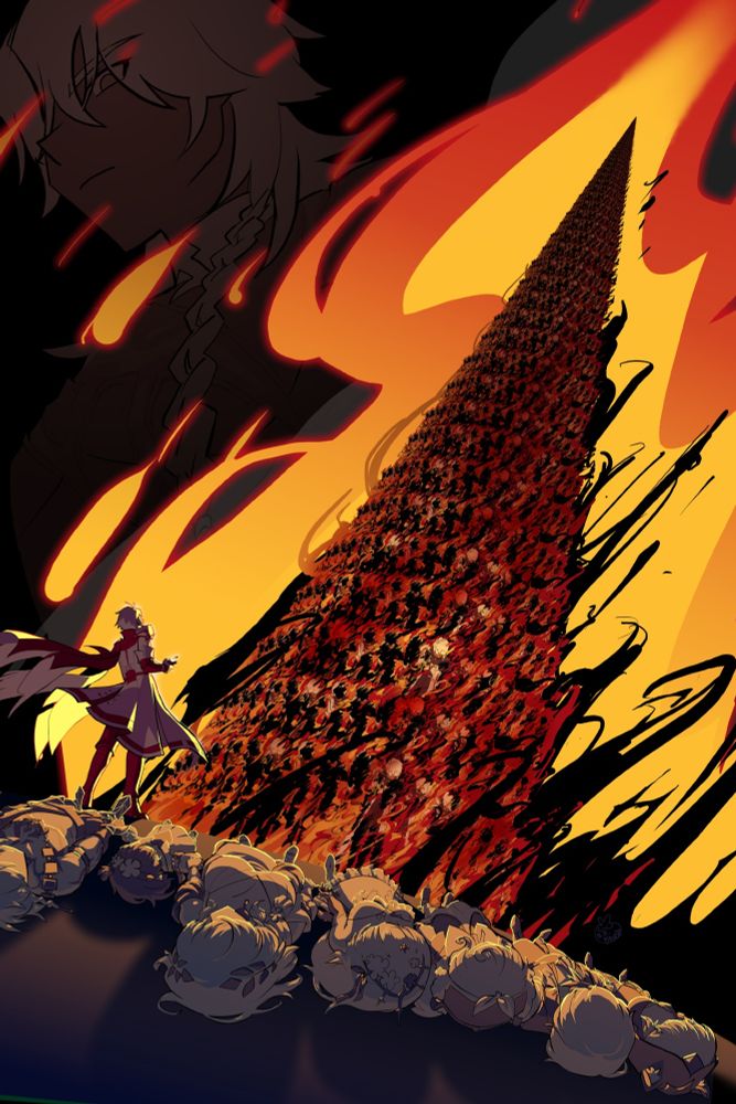 honkai star rail fan art. phainon, holding a lighter, stands at the base of a towering bonfire that reaches far into the night sky. the "firewood" used for the bonfire is countless more phainons, and the other chrysos heirs lie still on the ground around the bonfire, hands connected. from beyond the sky, nanook glances towards the scene.