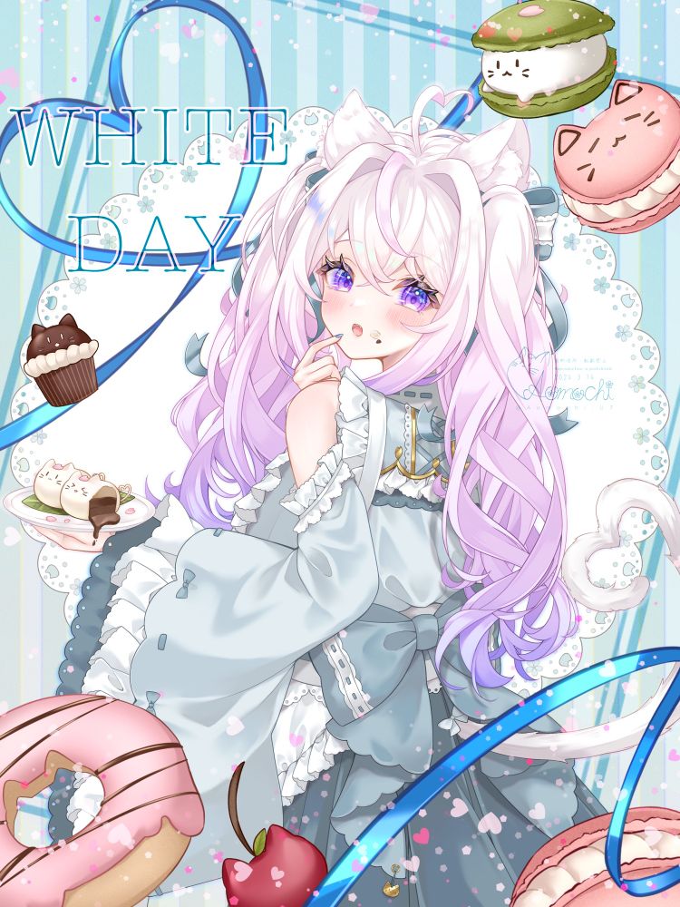 オリジナルキャラクターあおにゃの2024年ホワイトデーイラストです。

和風メイド服を着たあおにゃが、お客様に出す予定のお菓子をつまみ食いしているシーンです🍩🧁