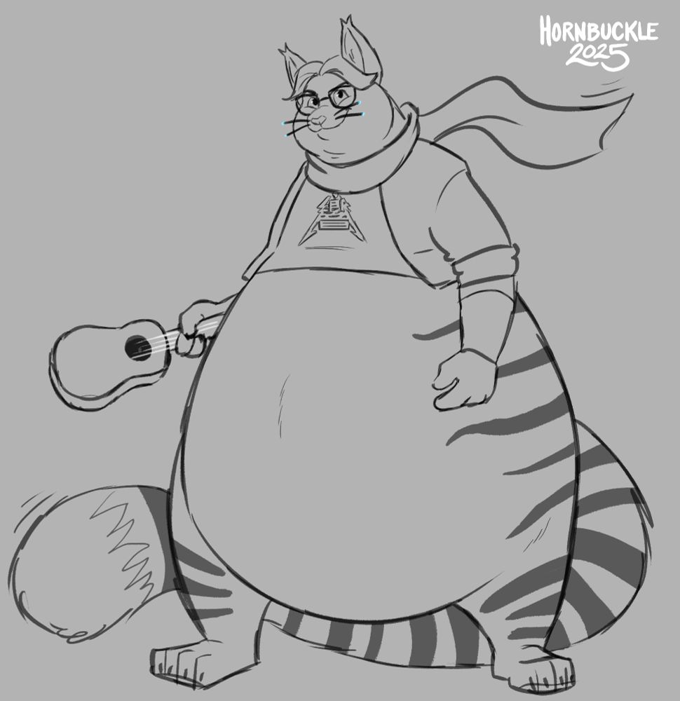 A pear-shaped tabby cat, dressed as a combination of the characters Chai and 808 from Hi-Fi Rush, with his scarf blowing in the wind and holding a ukulele like the primary weapon from the game.