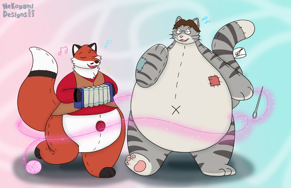 An anthropomorphic fox playing an accordion, which conjures a magic needle that is turning a cat into a rotund plush version of themselves, the fox is not realizing that the same fate has befallen him.