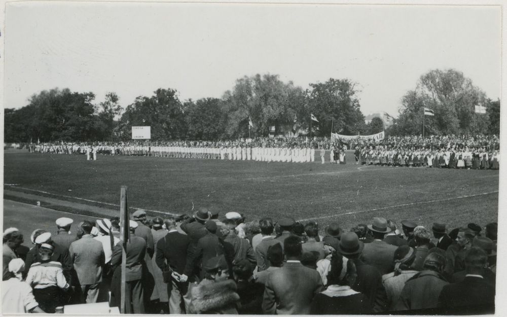Tallinnan laulujuhlat, voimistelijoita stadionilla. Paljon urheilijoita juhlakentällä, etualalla yleisöä.