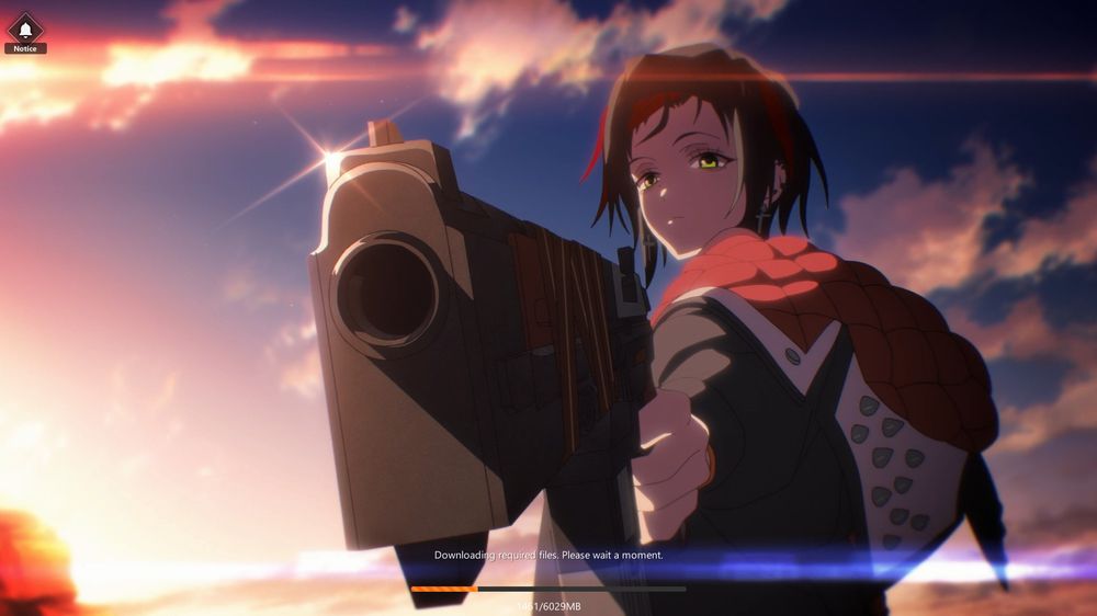 Actual Irredeemable Terrorist Crow from Goddess of Victory: Nikke is pointing one of her totally sweet SMGs at the screen, as my shit internet below chugs down the tiny patch.