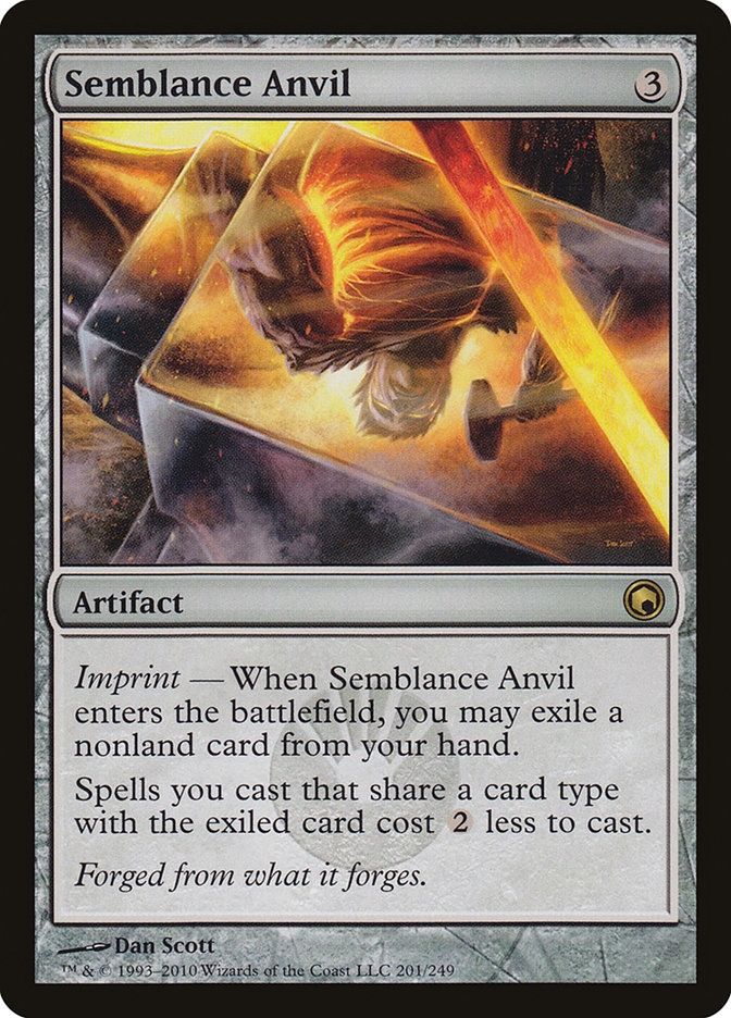 Semblance anvil, artifact. Exile a card (creature), all cards of that type cost 2 less.