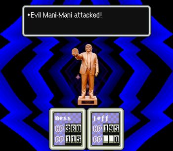 Earthbound (1995), a boss fight. The evil statue, Mani Mani, which acts as a conduit for Giygas' power, is confronted in the nightmare world it has created, Moonside.