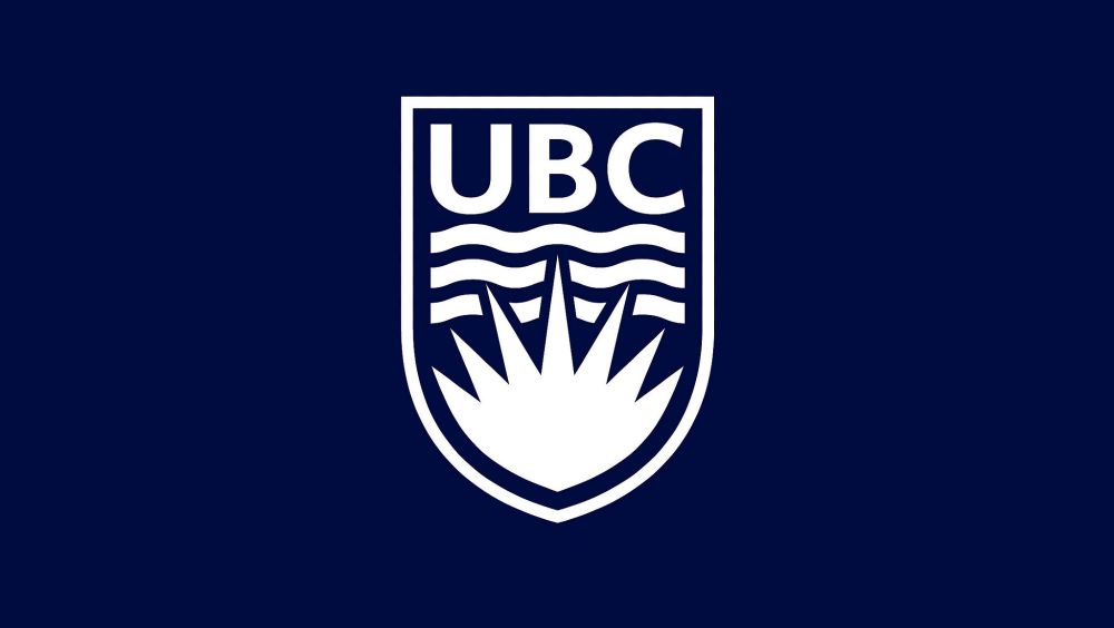 UBC crest logo (white), centred, on navy blue background.