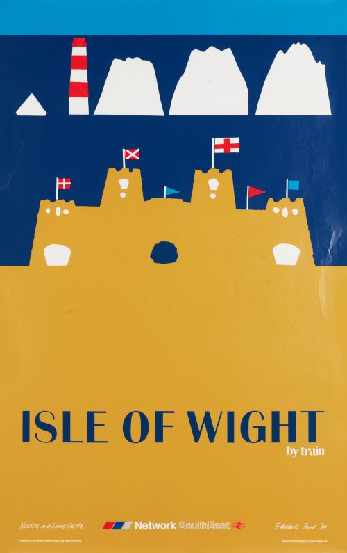 Yellow and blue poster advertising train travel. Image credit: Poster (1989): Isle of Wight by train / Needles and Sand Castle / Network SouthEast Designer: Edward Pond Printers: Planet Displays Ltd. Copyright: University of Brighton Design Archives.
