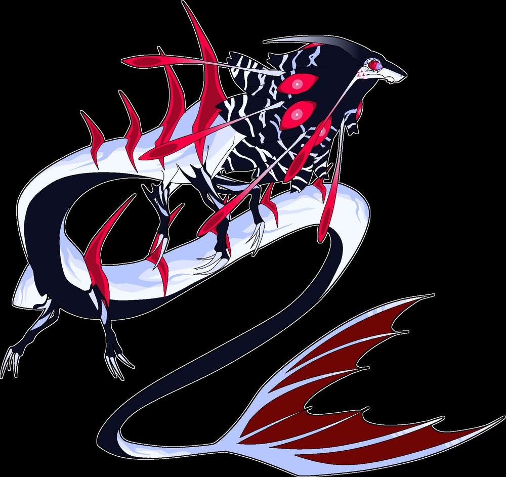 A long dragon with six legs. It has a dark blue mane that wraps around its neck and the mane has stripes that fade from a grey blue to a light silver. There are spines that stick from the mane that fade from the light silver to a pinkish red. The dragon has spikes that are the same pinkish red color on its back and at the base of its tail. The dragon's under belly is the same dark blue as the mane and its back is the light silver that fades to a grey blue. It has a webbed fish tail thats the grey blue and the webbing is a dark red.