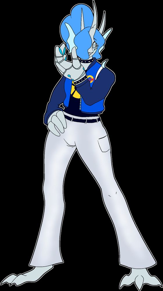 A male humanoid standing with his legs spread, a hand on his hips, and a hand near his face looking as though its clutching something. He has grey skin, cerulean hair, and blue eyes. Blue fins come from the sides of his head and threw large horns come from the top of his head. He wears a blue jacket with a yellow ring on the breast with a dripping Dr. Eggman face on it. The jacket has darker blue sleeves. He wears a black shirt under the jacket which has a segmented yellow circle in the middle. He wears a spiked collar and spiked bracelet. He also wears silvery pants with a black belt.