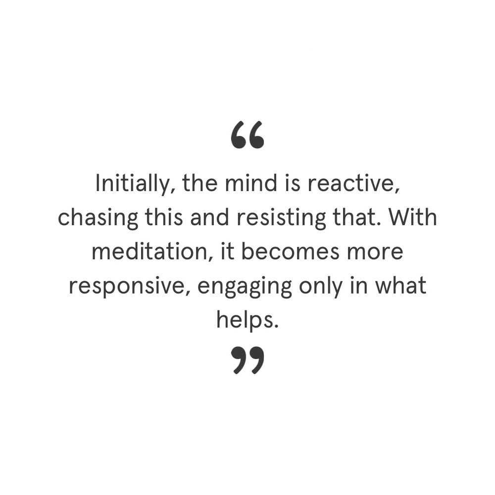 “Initially, the mind is reactive, chasing this and resisting that. With meditation, it becomes more responsive, engaging only in what helps.”