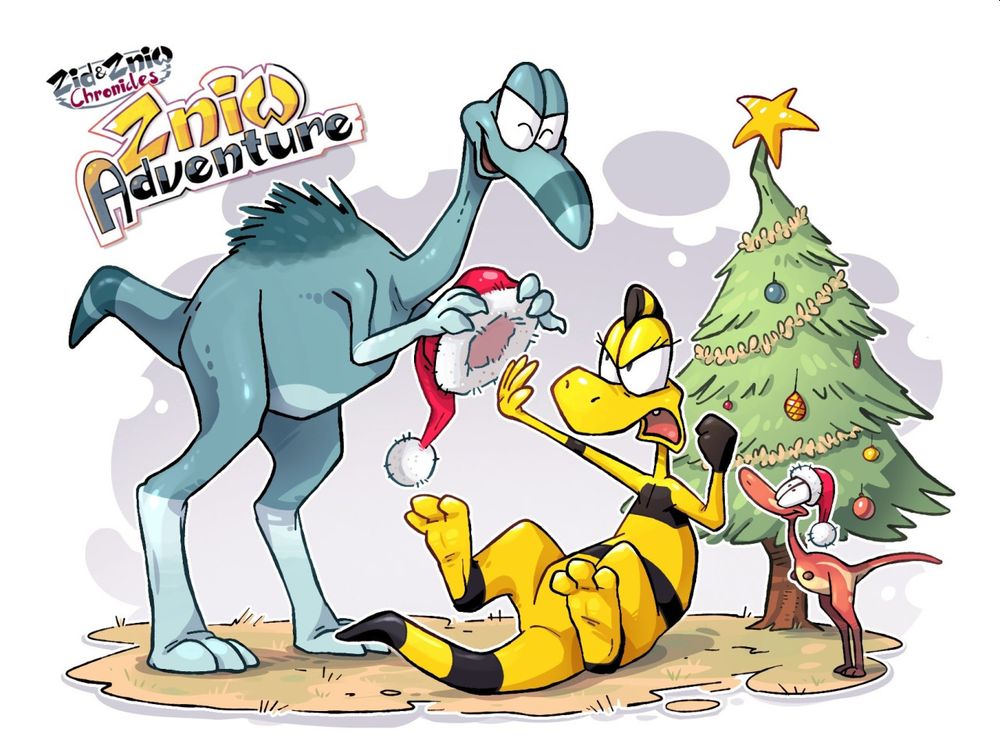 Zniw Adventure promo artwork, with Zniw not being too thrilled by Agu's idea of wearing a Santa hat