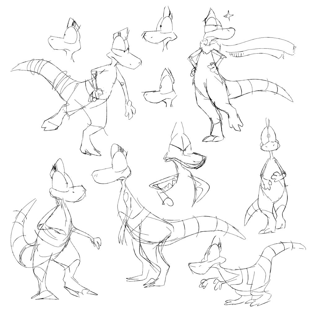 Various black & white sketches of Zid. Character concept, old version