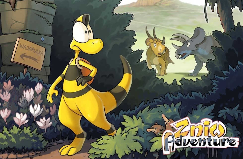 Zniw Adventure cropped boxart, with Zniw, Wajapulka sign and ceratopsians in the background