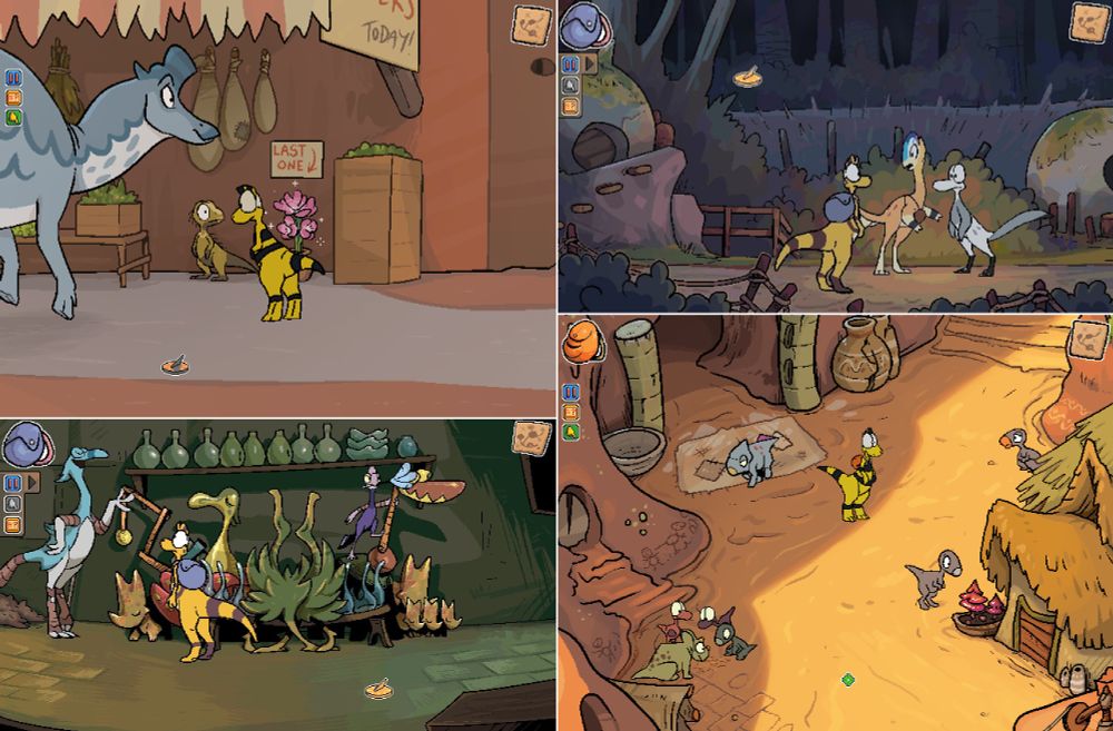 Four screens from Zniw Adventure (Wajapulka, Fungilla), and Zid Journey (mysterious forest settlement, forge)