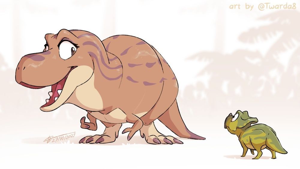 Reda the Daspletosaurus and Chasmosaurus hatchling, promo artwork from Zniw Adventure