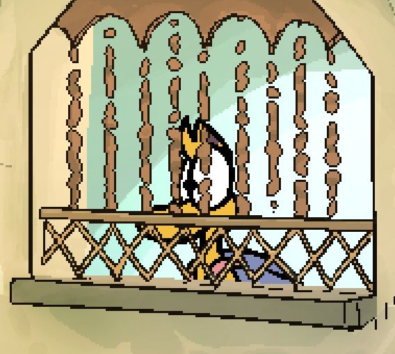 Zid standing outside and looking through a window. Screengrab from Zid Journey