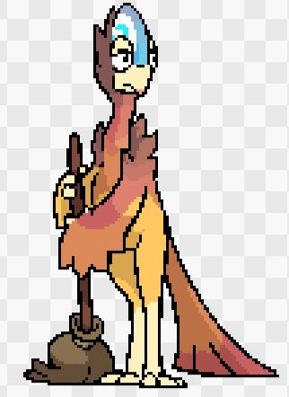 An animation sprite of Caenagnathus sweeping the floor, looking with an unamused expression at something. From Zid Journey